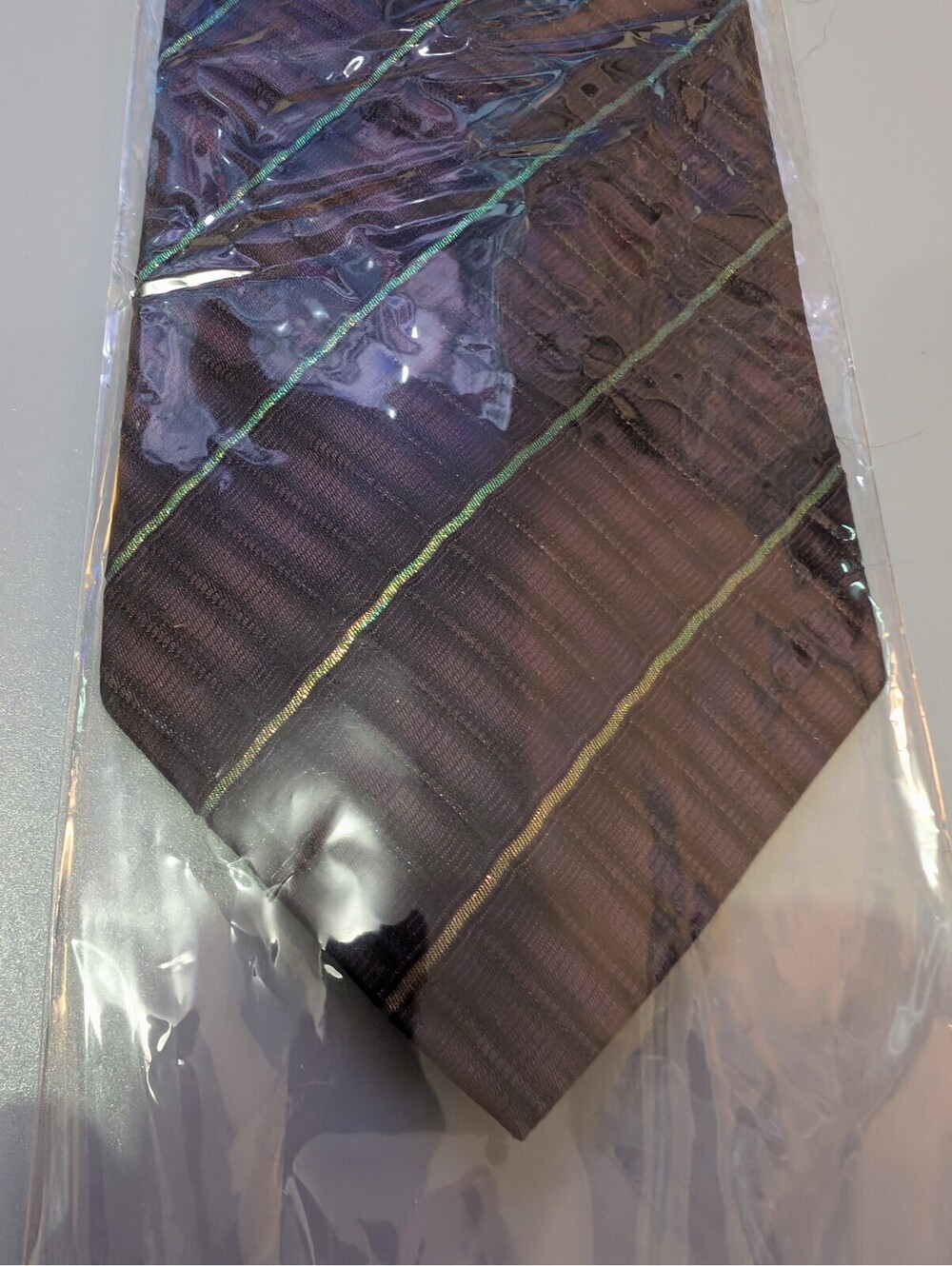 Balenciaga Mens Silk Necktie Vintage Plum Ribbed Gold Green Diagonal Stripe New - Picture 4 of 5
